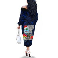 Guam Christmas Family Matching Off Shoulder Long Sleeve Dress and Hawaiian Shirt Santa Gift Latte Stone and Sea Turle Mix Hibiscus Chamorro Blue Style LT03 - Polynesian Pride