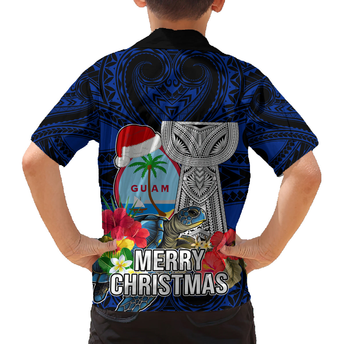 Guam Christmas Family Matching Off Shoulder Maxi Dress and Hawaiian Shirt Santa Gift Latte Stone and Sea Turle Mix Hibiscus Chamorro Blue Style LT03 - Polynesian Pride