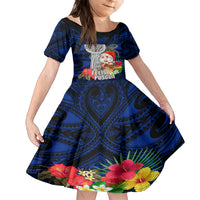 Guam Christmas Family Matching Off Shoulder Maxi Dress and Hawaiian Shirt Santa Gift Latte Stone and Sea Turle Mix Hibiscus Chamorro Blue Style LT03 Daughter's Dress Blue - Polynesian Pride