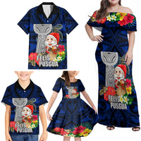 Guam Christmas Family Matching Off Shoulder Maxi Dress and Hawaiian Shirt Santa Gift Latte Stone and Sea Turle Mix Hibiscus Chamorro Blue Style LT03 - Polynesian Pride