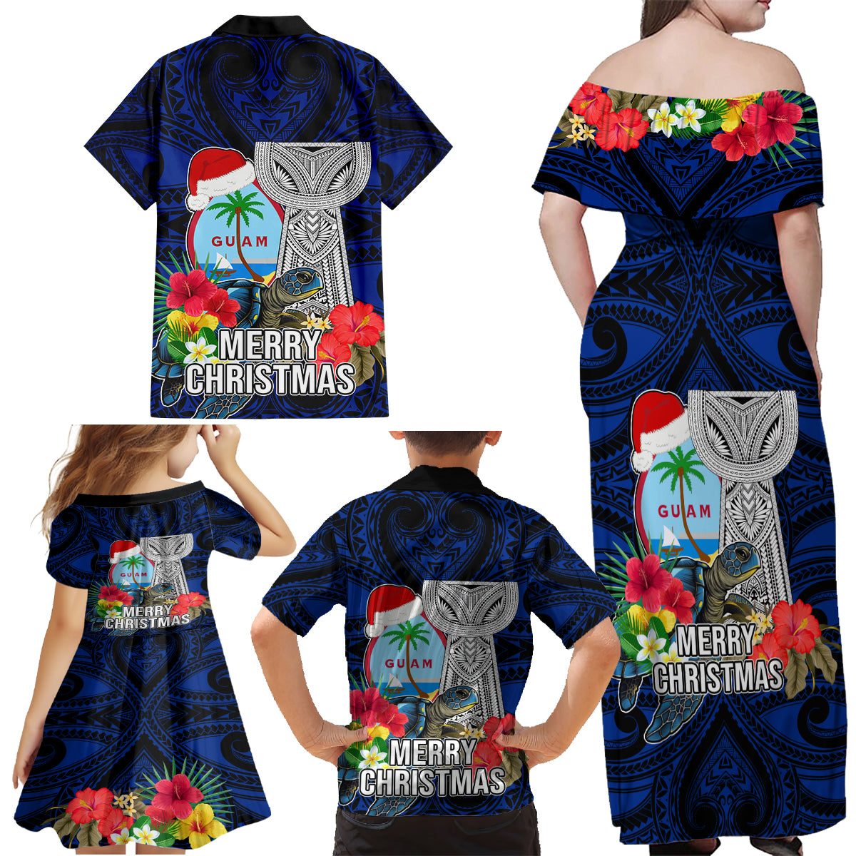 Guam Christmas Family Matching Off Shoulder Maxi Dress and Hawaiian Shirt Santa Gift Latte Stone and Sea Turle Mix Hibiscus Chamorro Blue Style LT03 - Polynesian Pride