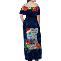 Guam Christmas Family Matching Off Shoulder Maxi Dress and Hawaiian Shirt Santa Gift Latte Stone and Sea Turle Mix Hibiscus Chamorro Blue Style LT03 - Polynesian Pride