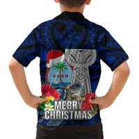 Guam Christmas Family Matching Off Shoulder Short Dress and Hawaiian Shirt Santa Gift Latte Stone and Sea Turle Mix Hibiscus Chamorro Blue Style LT03 - Polynesian Pride
