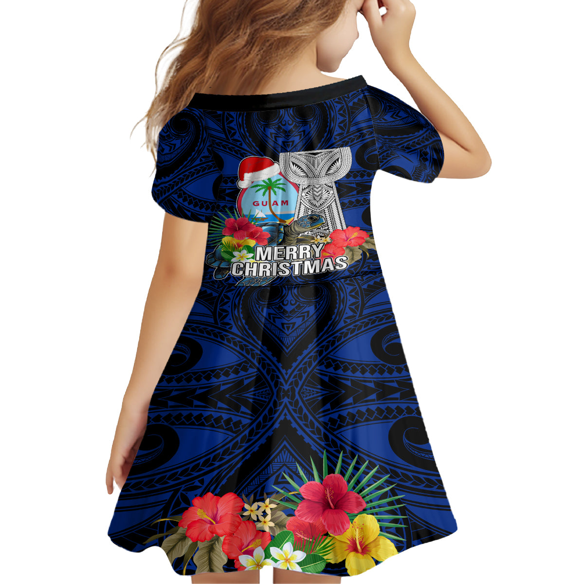 Guam Christmas Family Matching Off Shoulder Short Dress and Hawaiian Shirt Santa Gift Latte Stone and Sea Turle Mix Hibiscus Chamorro Blue Style LT03 - Polynesian Pride