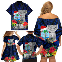 Guam Christmas Family Matching Off Shoulder Short Dress and Hawaiian Shirt Santa Gift Latte Stone and Sea Turle Mix Hibiscus Chamorro Blue Style LT03 - Polynesian Pride
