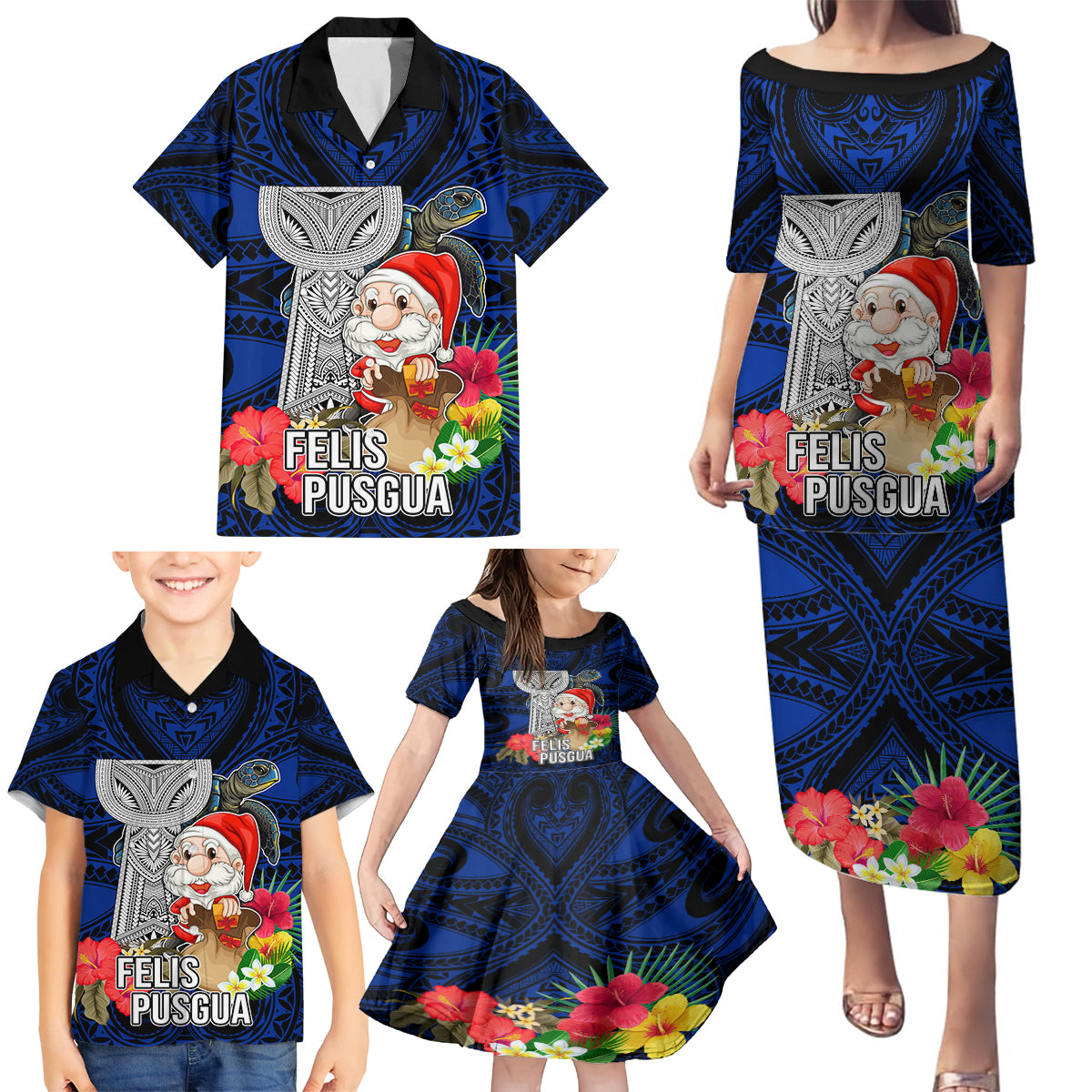 Guam Christmas Family Matching Puletasi Dress and Hawaiian Shirt Santa Gift Latte Stone and Sea Turle Mix Hibiscus Chamorro Blue Style LT03 - Polynesian Pride