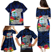 Guam Christmas Family Matching Puletasi Dress and Hawaiian Shirt Santa Gift Latte Stone and Sea Turle Mix Hibiscus Chamorro Blue Style LT03 - Polynesian Pride