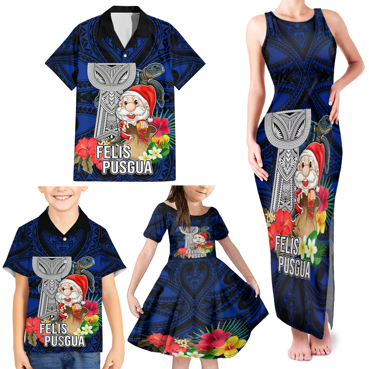 Guam Christmas Family Matching Tank Maxi Dress and Hawaiian Shirt Santa Gift Latte Stone and Sea Turle Mix Hibiscus Chamorro Blue Style LT03 - Polynesian Pride