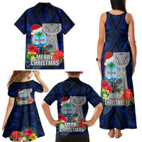 Guam Christmas Family Matching Tank Maxi Dress and Hawaiian Shirt Santa Gift Latte Stone and Sea Turle Mix Hibiscus Chamorro Blue Style LT03 - Polynesian Pride