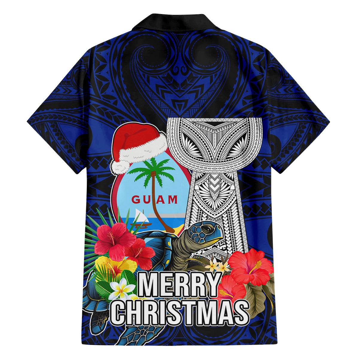 Guam Christmas Family Matching Tank Maxi Dress and Hawaiian Shirt Santa Gift Latte Stone and Sea Turle Mix Hibiscus Chamorro Blue Style LT03 - Polynesian Pride