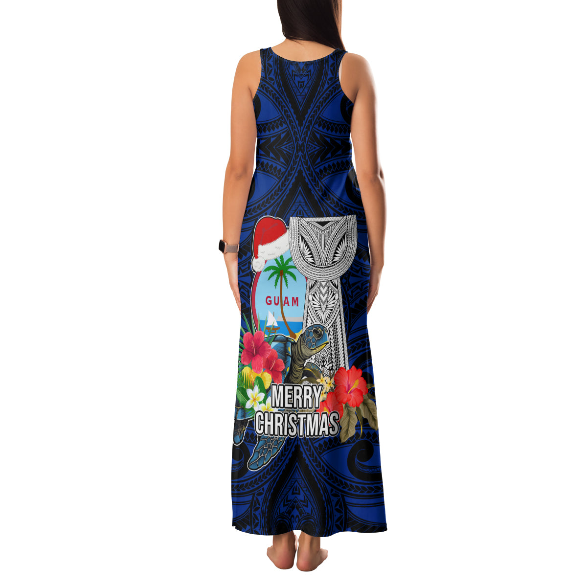 Guam Christmas Family Matching Tank Maxi Dress and Hawaiian Shirt Santa Gift Latte Stone and Sea Turle Mix Hibiscus Chamorro Blue Style LT03 - Polynesian Pride