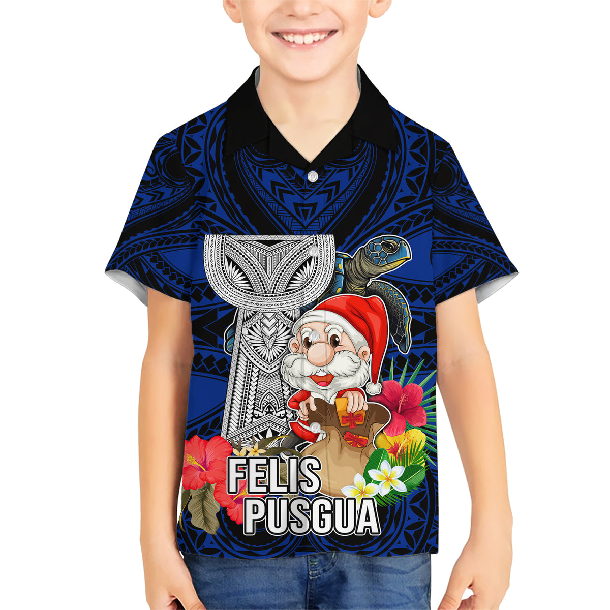 Guam Christmas Kid Hawaiian Shirt Santa Gift Latte Stone and Sea Turle Mix Hibiscus Chamorro Blue Style LT03