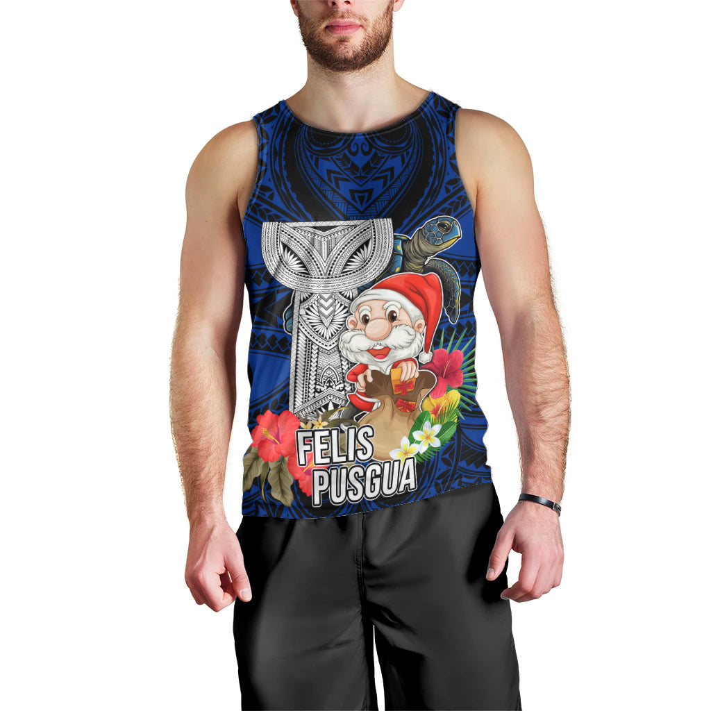 Guam Christmas Men Tank Top Santa Gift Latte Stone and Sea Turle Mix Hibiscus Chamorro Blue Style LT03