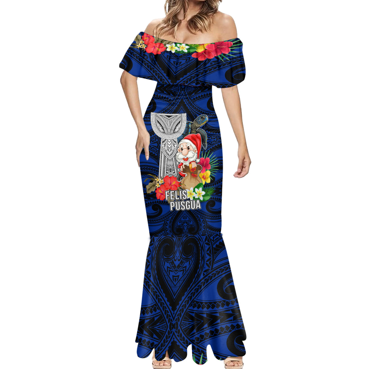 Guam Christmas Mermaid Dress Santa Gift Latte Stone and Sea Turle Mix Hibiscus Chamorro Blue Style LT03