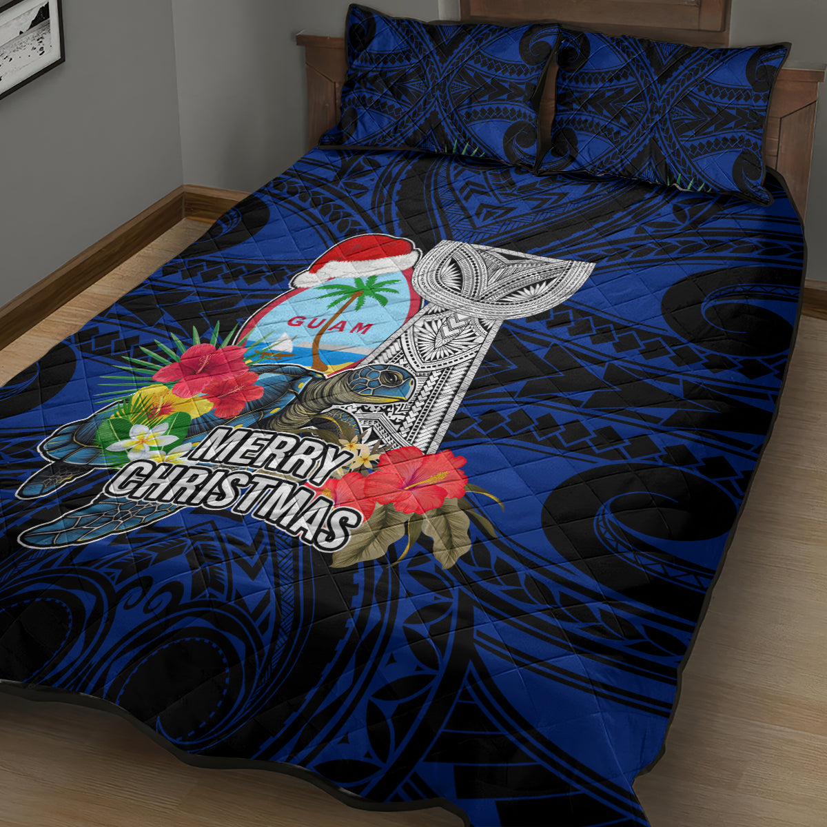Guam Christmas Quilt Bed Set Santa Gift Latte Stone and Sea Turle Mix Hibiscus Chamorro Blue Style LT03