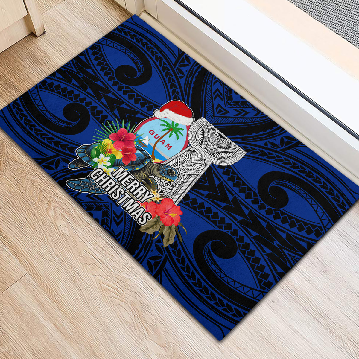 Guam Christmas Rubber Doormat Santa Gift Latte Stone and Sea Turle Mix Hibiscus Chamorro Blue Style LT03