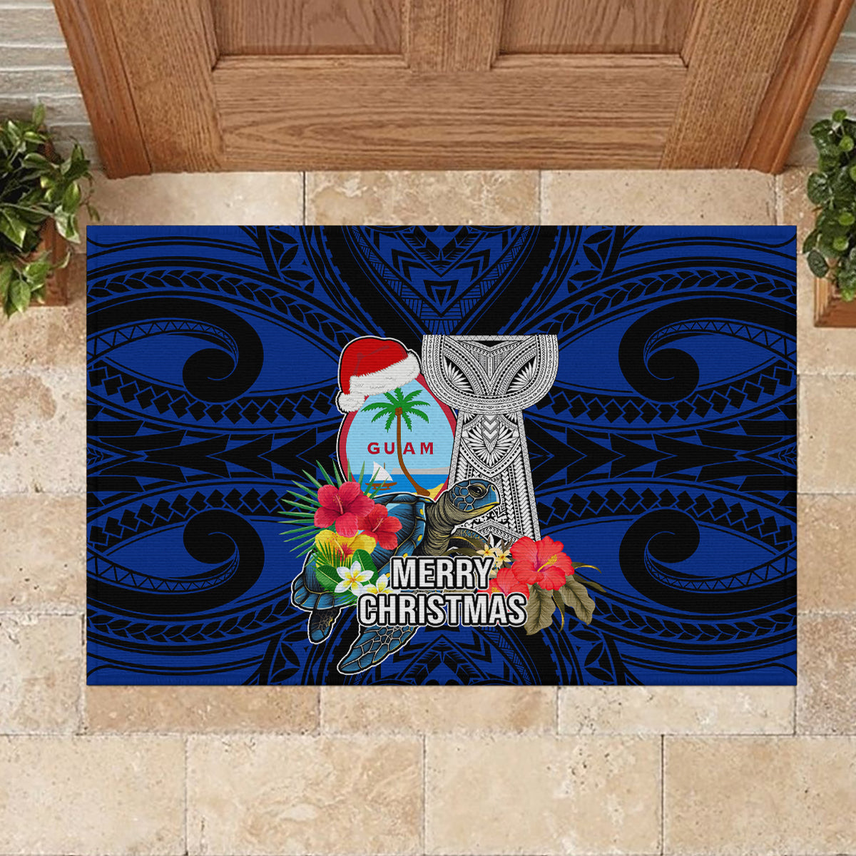 Guam Christmas Rubber Doormat Santa Gift Latte Stone and Sea Turle Mix Hibiscus Chamorro Blue Style LT03