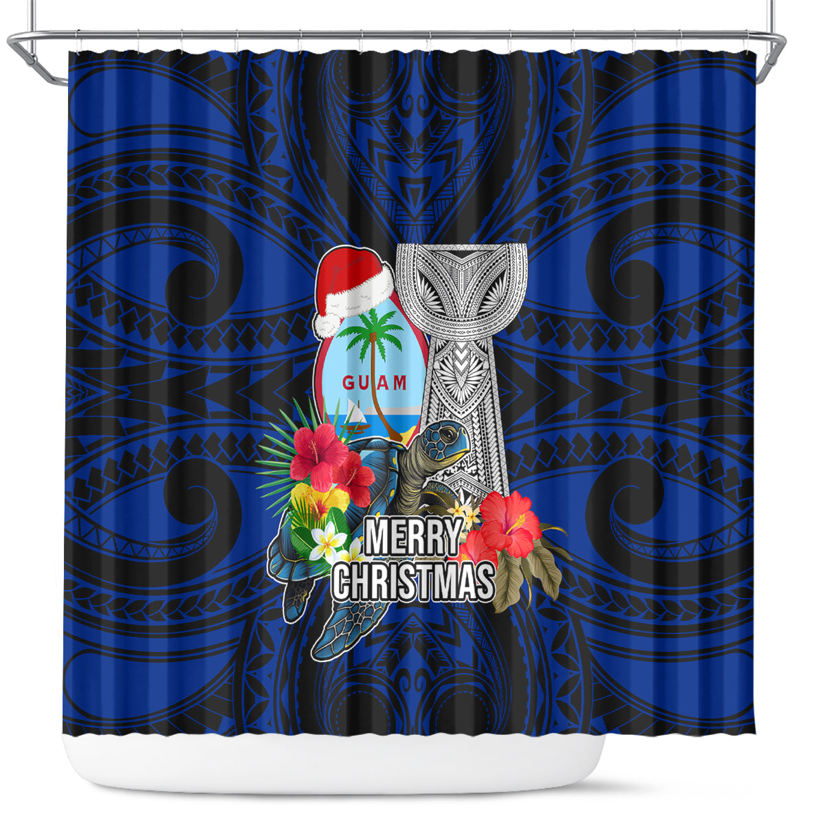 Guam Christmas Shower Curtain Santa Gift Latte Stone and Sea Turle Mix Hibiscus Chamorro Blue Style LT03 red - Polynesian Pride