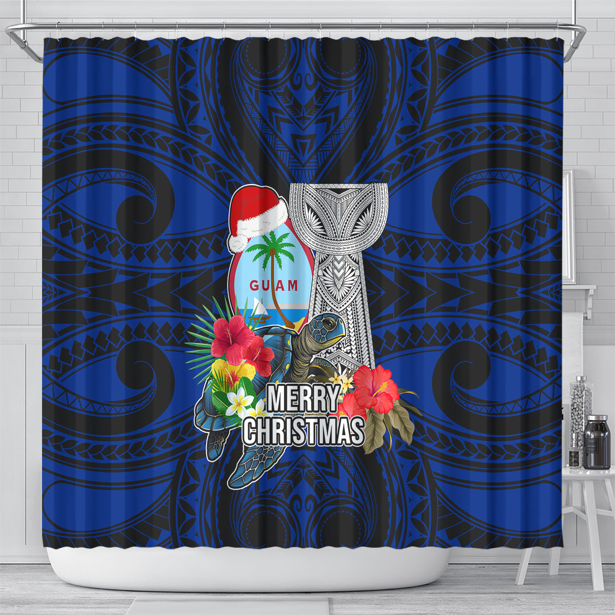 Guam Christmas Shower Curtain Santa Gift Latte Stone and Sea Turle Mix Hibiscus Chamorro Blue Style LT03 - Polynesian Pride
