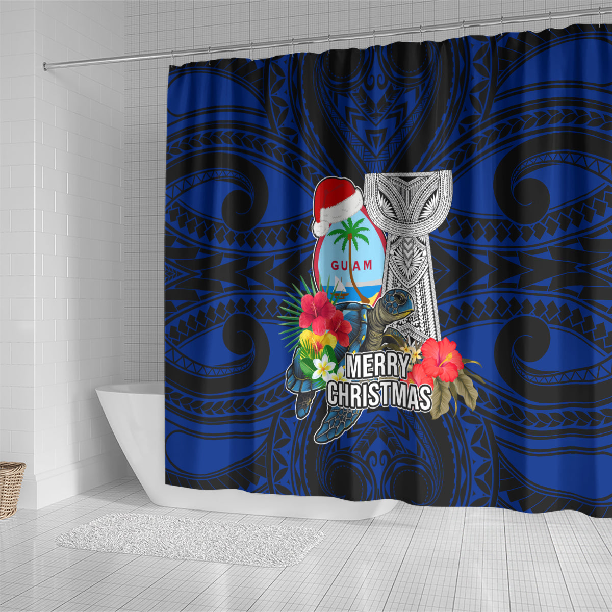 Guam Christmas Shower Curtain Santa Gift Latte Stone and Sea Turle Mix Hibiscus Chamorro Blue Style LT03 - Polynesian Pride