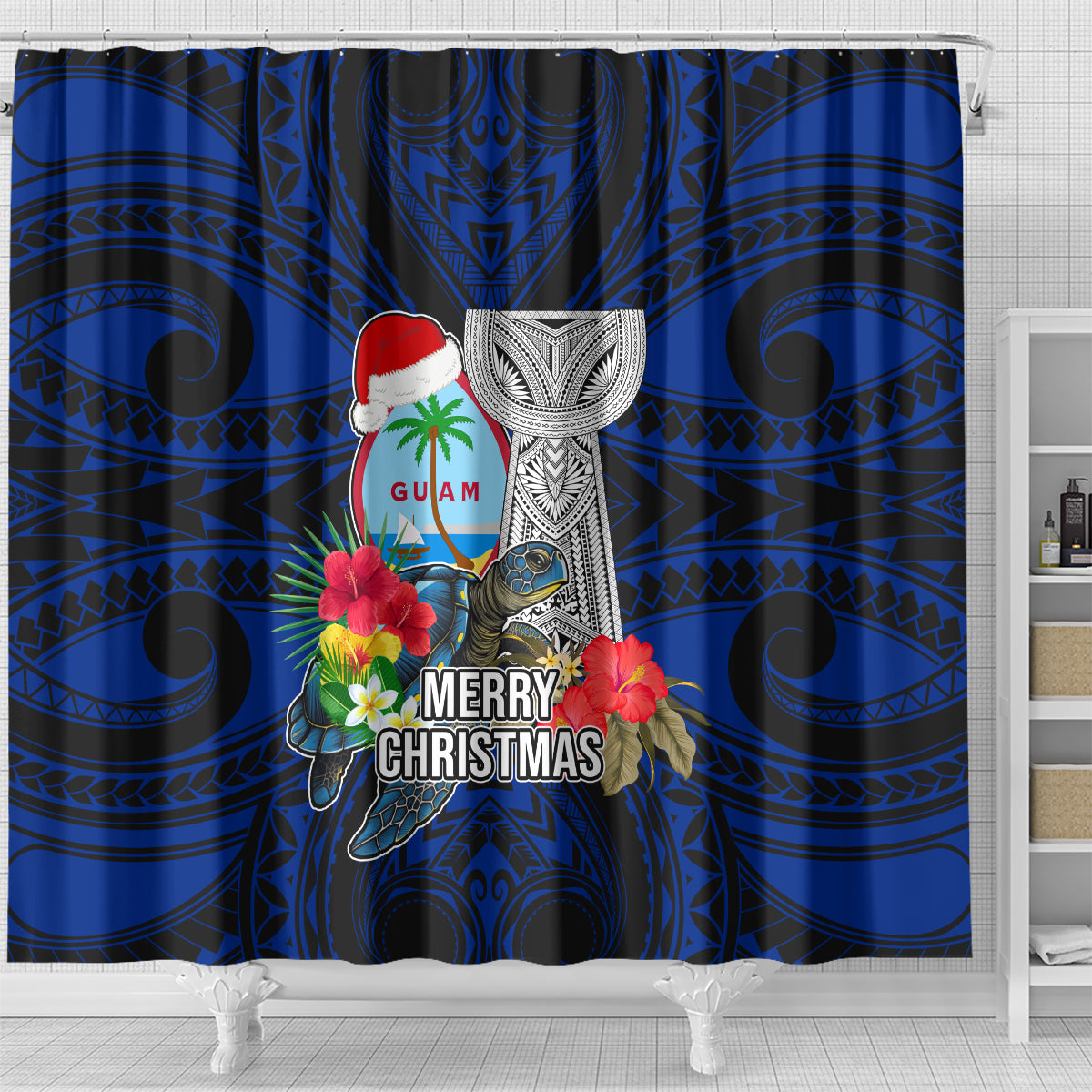 Guam Christmas Shower Curtain Santa Gift Latte Stone and Sea Turle Mix Hibiscus Chamorro Blue Style LT03 - Polynesian Pride