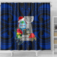 Guam Christmas Shower Curtain Santa Gift Latte Stone and Sea Turle Mix Hibiscus Chamorro Blue Style LT03 - Polynesian Pride