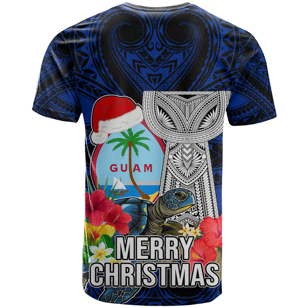 Guam Christmas T Shirt Santa Gift Latte Stone and Sea Turle Mix Hibiscus Chamorro Blue Style LT03