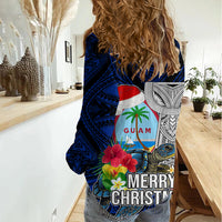 Guam Christmas Women Casual Shirt Santa Gift Latte Stone and Sea Turle Mix Hibiscus Chamorro Blue Style LT03 - Polynesian Pride