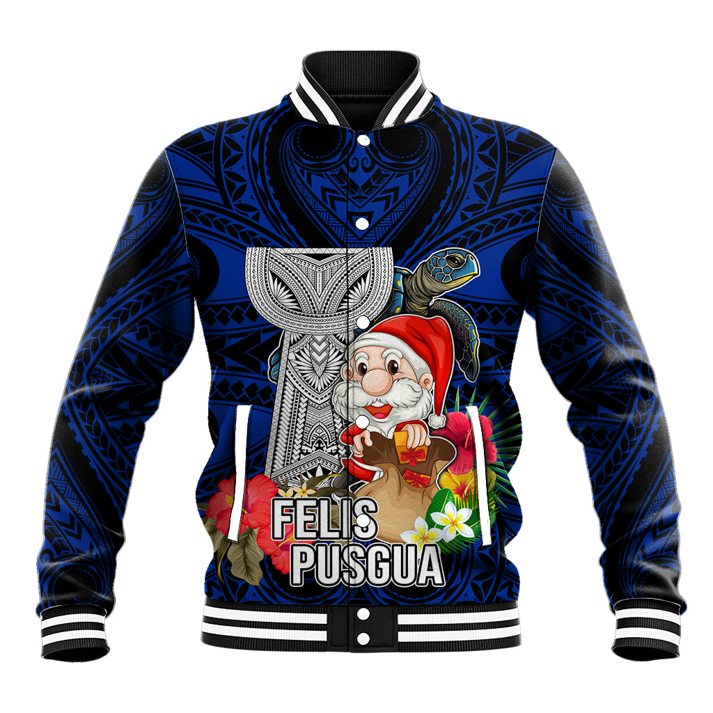 Custom Guam Christmas Baseball Jacket Santa Gift Latte Stone and Sea Turle Mix Hibiscus Chamorro Blue Style LT03