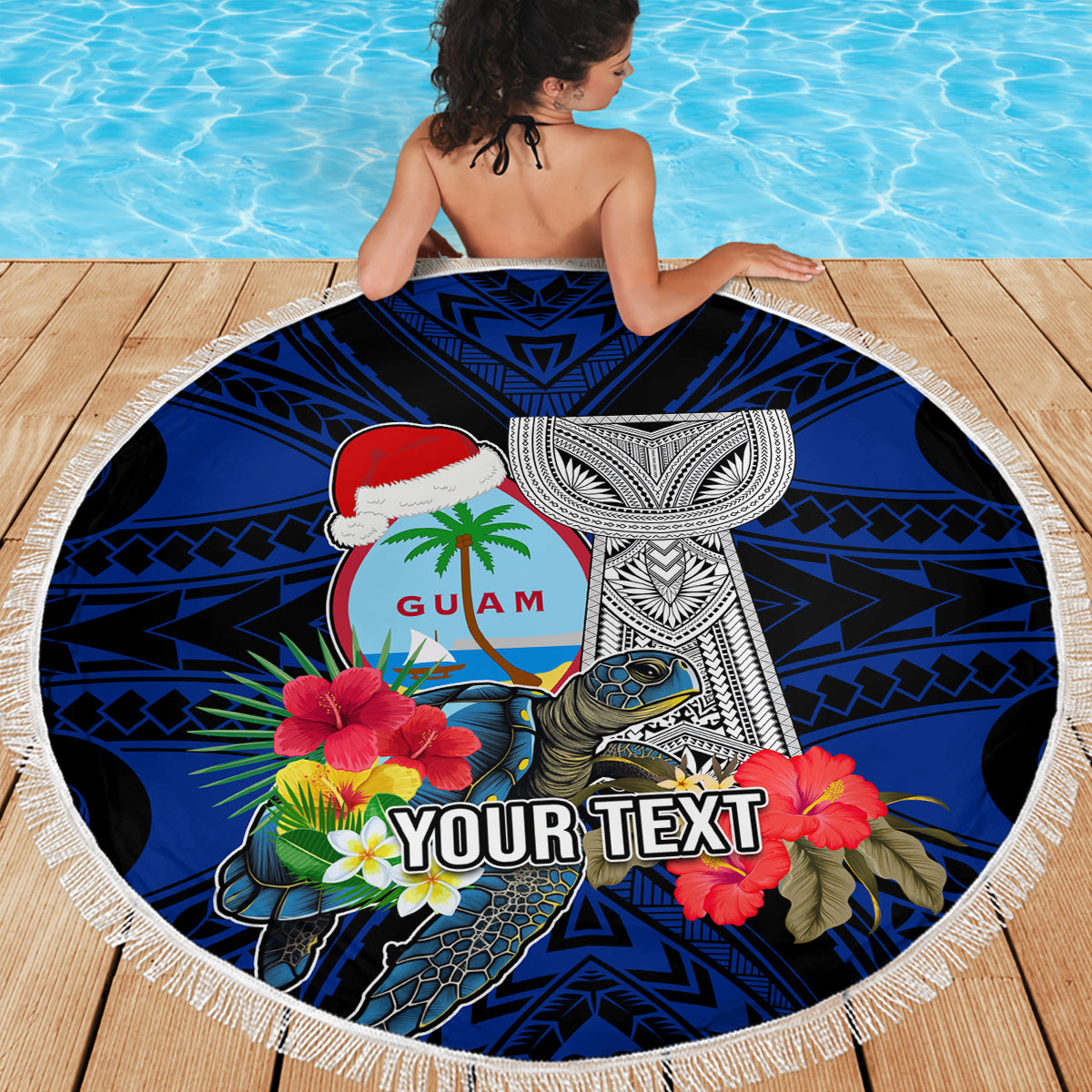 Custom Guam Christmas Beach Blanket Santa Gift Latte Stone and Sea Turle Mix Hibiscus Chamorro Blue Style LT03