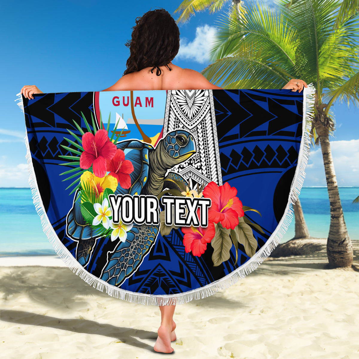 Custom Guam Christmas Beach Blanket Santa Gift Latte Stone and Sea Turle Mix Hibiscus Chamorro Blue Style LT03