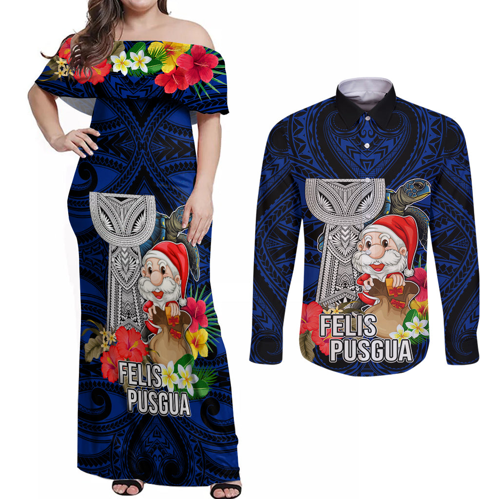 Custom Guam Christmas Couples Matching Off Shoulder Maxi Dress and Long Sleeve Button Shirt Santa Gift Latte Stone and Sea Turle Mix Hibiscus Chamorro Blue Style LT03 Blue - Polynesian Pride