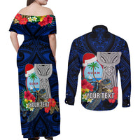 Custom Guam Christmas Couples Matching Off Shoulder Maxi Dress and Long Sleeve Button Shirt Santa Gift Latte Stone and Sea Turle Mix Hibiscus Chamorro Blue Style LT03 - Polynesian Pride