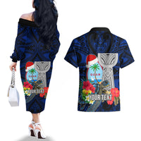 Custom Guam Christmas Couples Matching Off The Shoulder Long Sleeve Dress and Hawaiian Shirt Santa Gift Latte Stone and Sea Turle Mix Hibiscus Chamorro Blue Style LT03