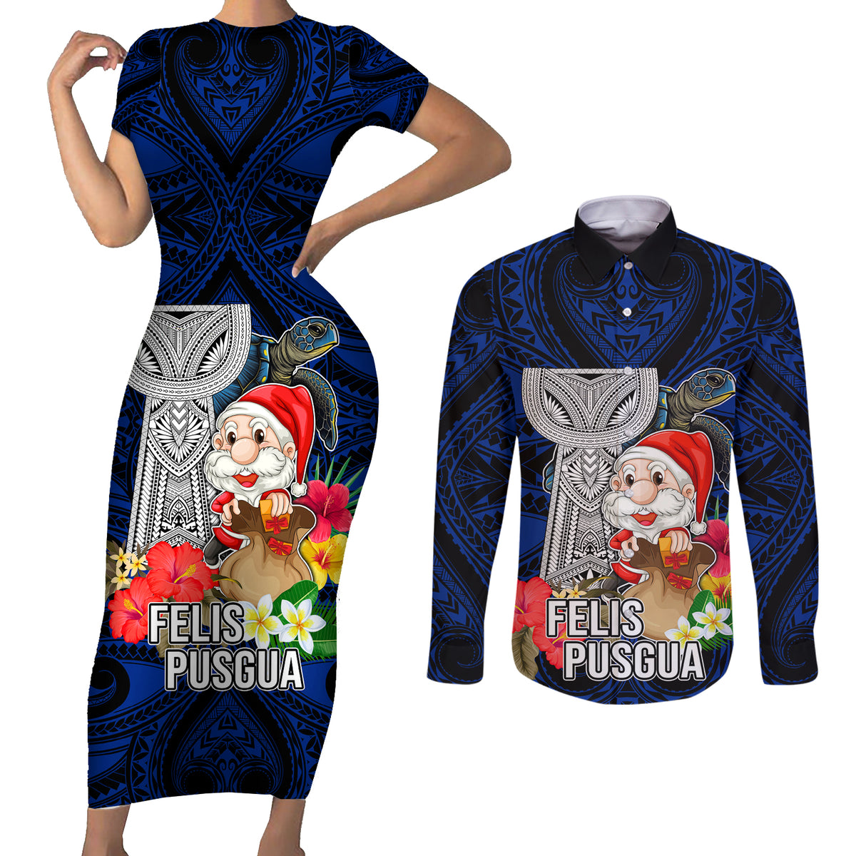 Custom Guam Christmas Couples Matching Short Sleeve Bodycon Dress and Long Sleeve Button Shirt Santa Gift Latte Stone and Sea Turle Mix Hibiscus Chamorro Blue Style LT03