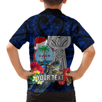 Custom Guam Christmas Family Matching Off Shoulder Long Sleeve Dress and Hawaiian Shirt Santa Gift Latte Stone and Sea Turle Mix Hibiscus Chamorro Blue Style LT03 - Polynesian Pride
