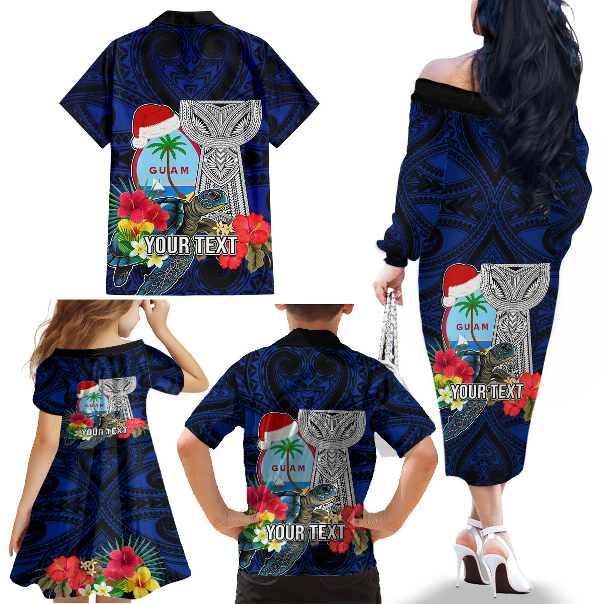 Custom Guam Christmas Family Matching Off Shoulder Long Sleeve Dress and Hawaiian Shirt Santa Gift Latte Stone and Sea Turle Mix Hibiscus Chamorro Blue Style LT03 - Polynesian Pride