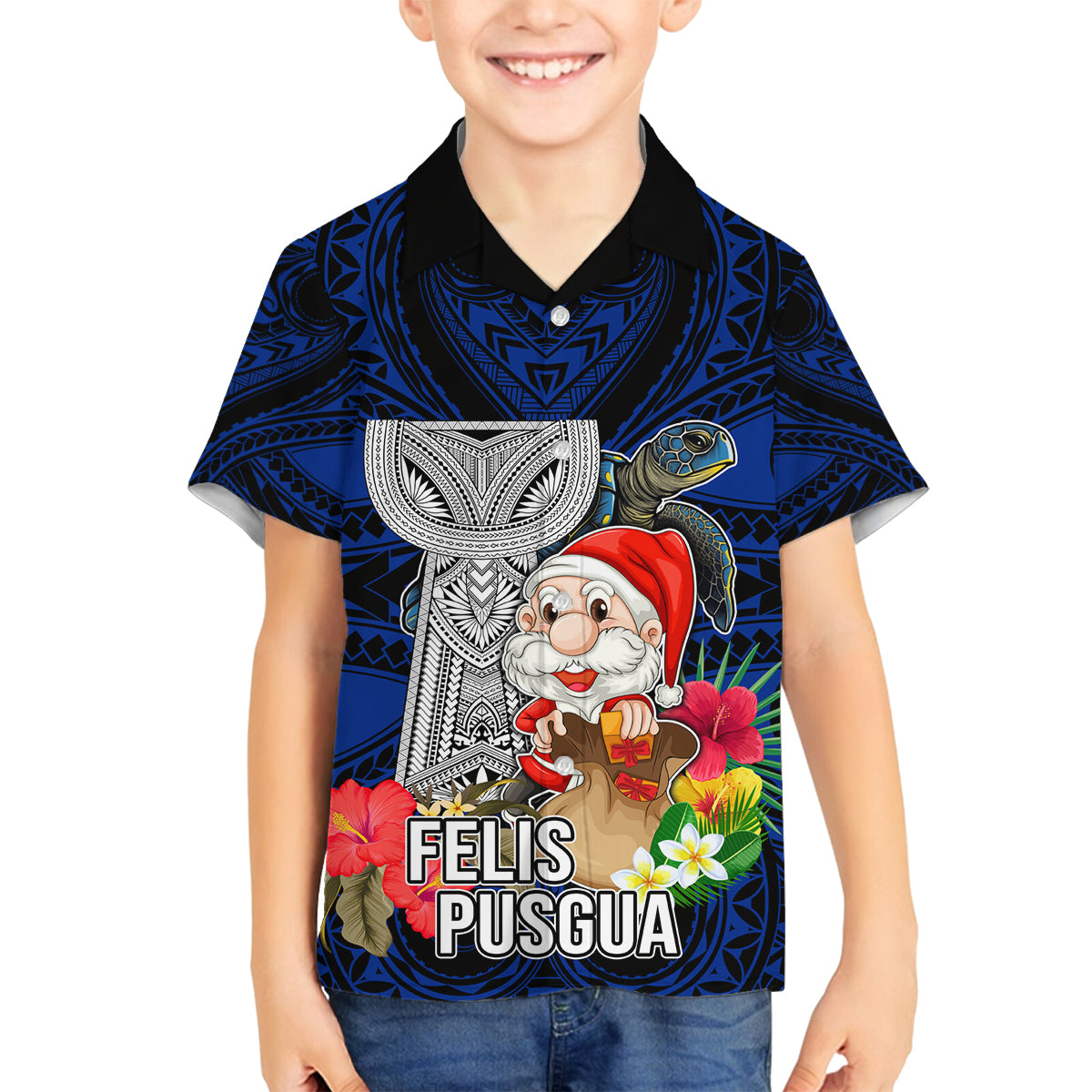 Custom Guam Christmas Family Matching Off Shoulder Long Sleeve Dress and Hawaiian Shirt Santa Gift Latte Stone and Sea Turle Mix Hibiscus Chamorro Blue Style LT03 Son's Shirt Blue - Polynesian Pride
