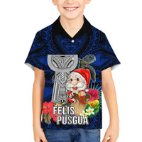 Custom Guam Christmas Family Matching Off Shoulder Long Sleeve Dress and Hawaiian Shirt Santa Gift Latte Stone and Sea Turle Mix Hibiscus Chamorro Blue Style LT03 Son's Shirt Blue - Polynesian Pride