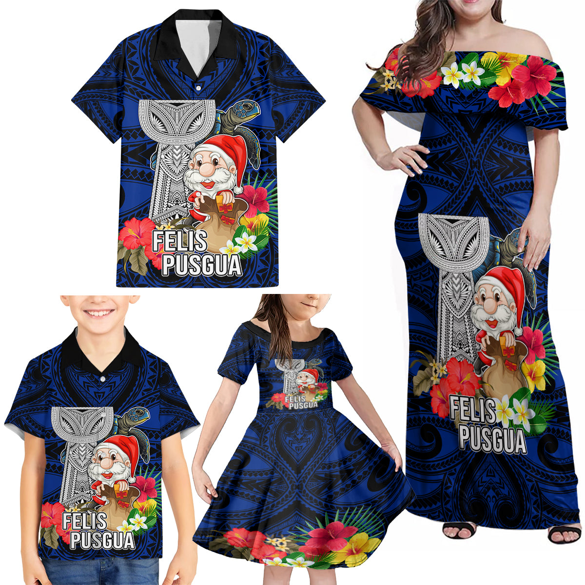 Custom Guam Christmas Family Matching Off Shoulder Maxi Dress and Hawaiian Shirt Santa Gift Latte Stone and Sea Turle Mix Hibiscus Chamorro Blue Style LT03 - Polynesian Pride