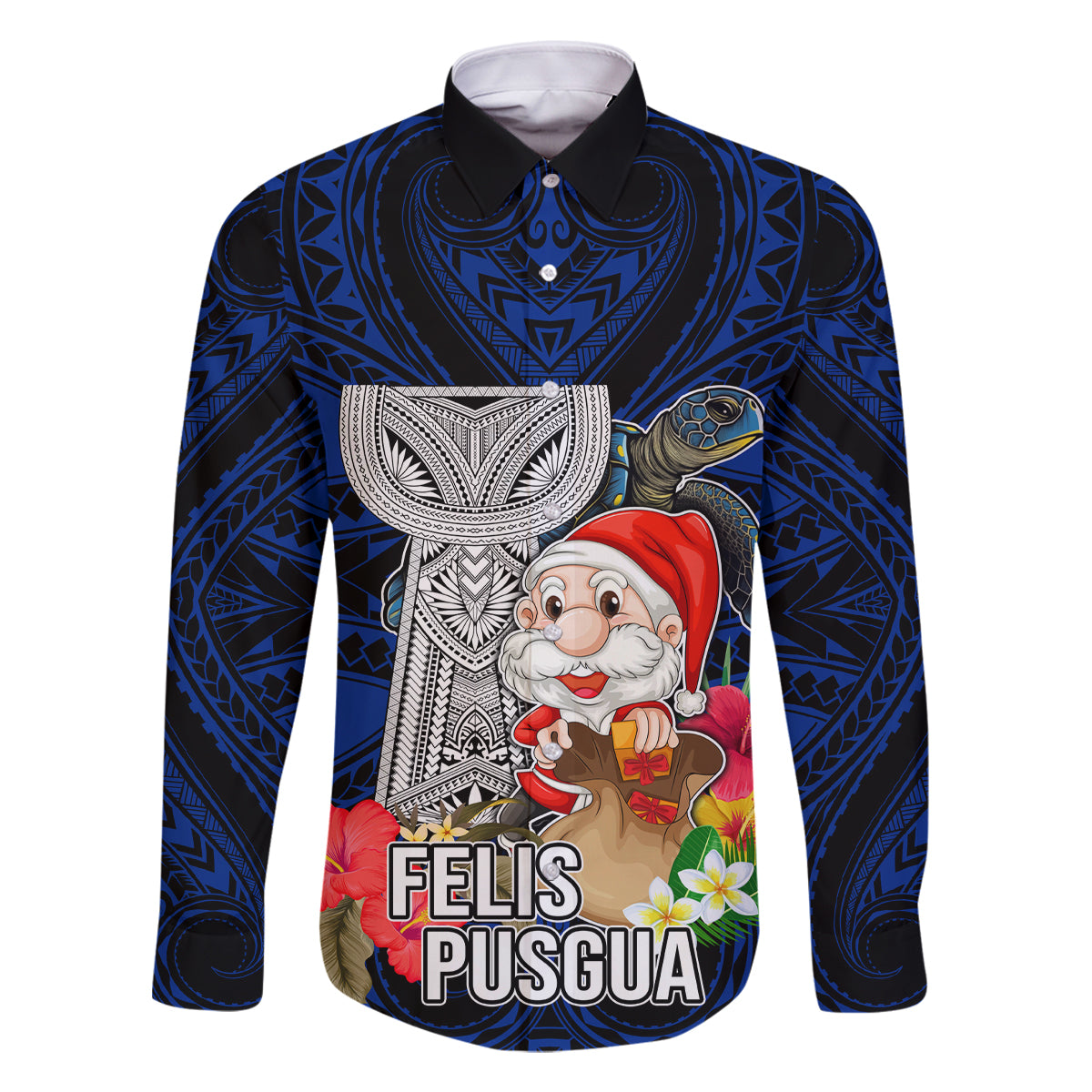 Custom Guam Christmas Family Matching Off Shoulder Maxi Dress and Hawaiian Shirt Santa Gift Latte Stone and Sea Turle Mix Hibiscus Chamorro Blue Style LT03 Dad's Shirt - Long Sleeve Blue - Polynesian Pride