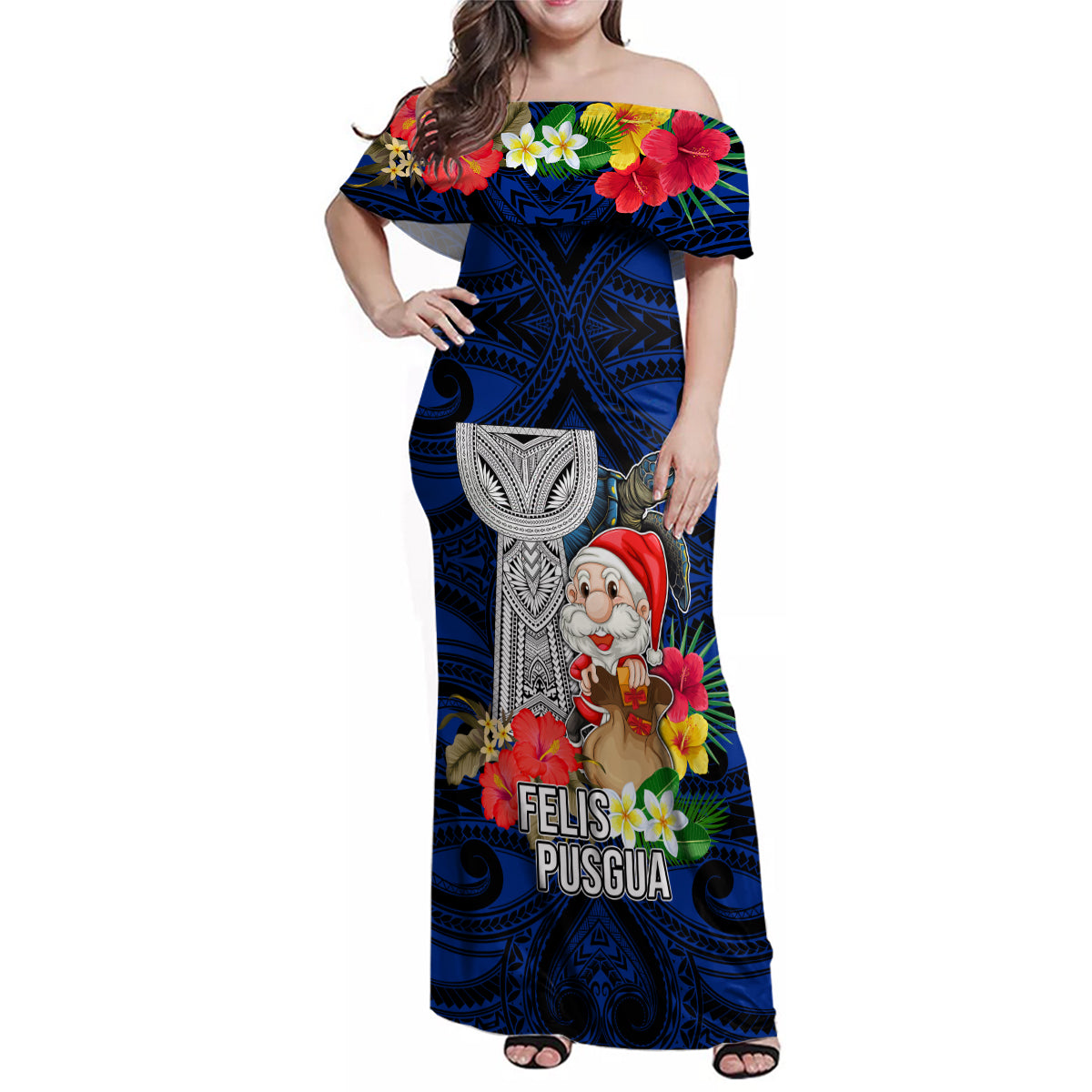 Custom Guam Christmas Family Matching Off Shoulder Maxi Dress and Hawaiian Shirt Santa Gift Latte Stone and Sea Turle Mix Hibiscus Chamorro Blue Style LT03 Mom's Dress Blue - Polynesian Pride