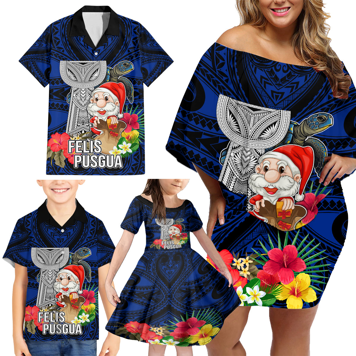 Custom Guam Christmas Family Matching Off Shoulder Short Dress and Hawaiian Shirt Santa Gift Latte Stone and Sea Turle Mix Hibiscus Chamorro Blue Style LT03 - Polynesian Pride