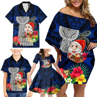 Custom Guam Christmas Family Matching Off Shoulder Short Dress and Hawaiian Shirt Santa Gift Latte Stone and Sea Turle Mix Hibiscus Chamorro Blue Style LT03 - Polynesian Pride