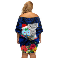 Custom Guam Christmas Family Matching Off Shoulder Short Dress and Hawaiian Shirt Santa Gift Latte Stone and Sea Turle Mix Hibiscus Chamorro Blue Style LT03 - Polynesian Pride