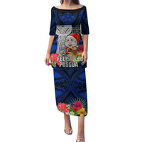 Custom Guam Christmas Family Matching Puletasi Dress and Hawaiian Shirt Santa Gift Latte Stone and Sea Turle Mix Hibiscus Chamorro Blue Style LT03 Mom's Dress Blue - Polynesian Pride