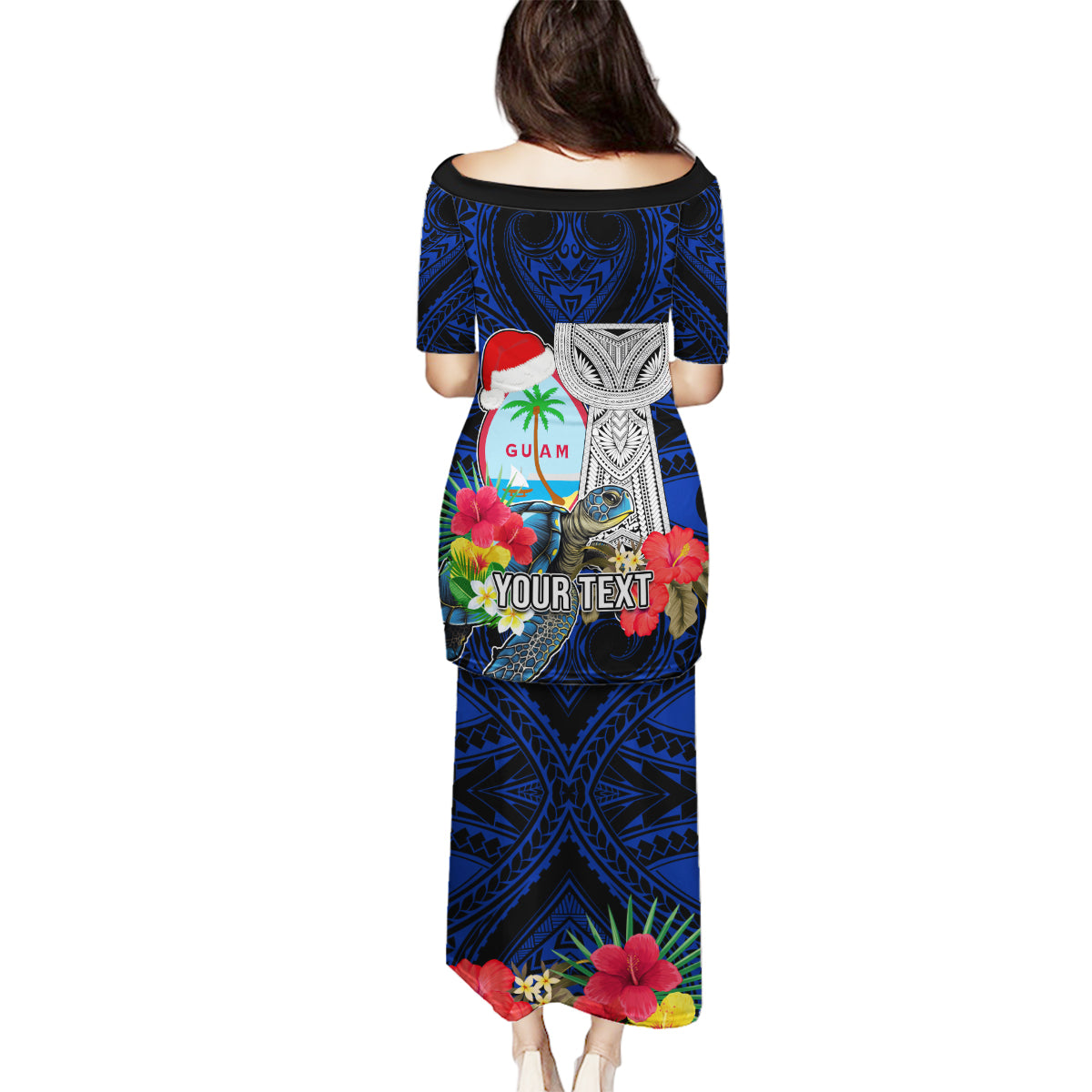 Custom Guam Christmas Family Matching Puletasi Dress and Hawaiian Shirt Santa Gift Latte Stone and Sea Turle Mix Hibiscus Chamorro Blue Style LT03 - Polynesian Pride
