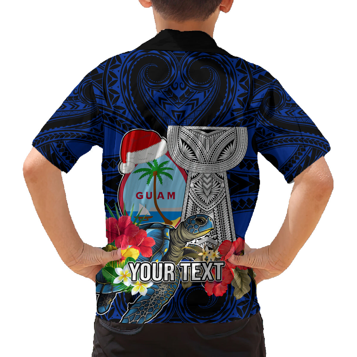 Custom Guam Christmas Family Matching Tank Maxi Dress and Hawaiian Shirt Santa Gift Latte Stone and Sea Turle Mix Hibiscus Chamorro Blue Style LT03 - Polynesian Pride