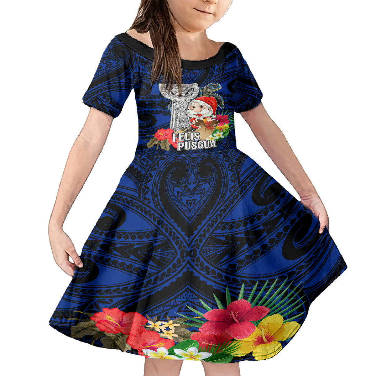 Custom Guam Christmas Family Matching Tank Maxi Dress and Hawaiian Shirt Santa Gift Latte Stone and Sea Turle Mix Hibiscus Chamorro Blue Style LT03 Daughter's Dress Blue - Polynesian Pride