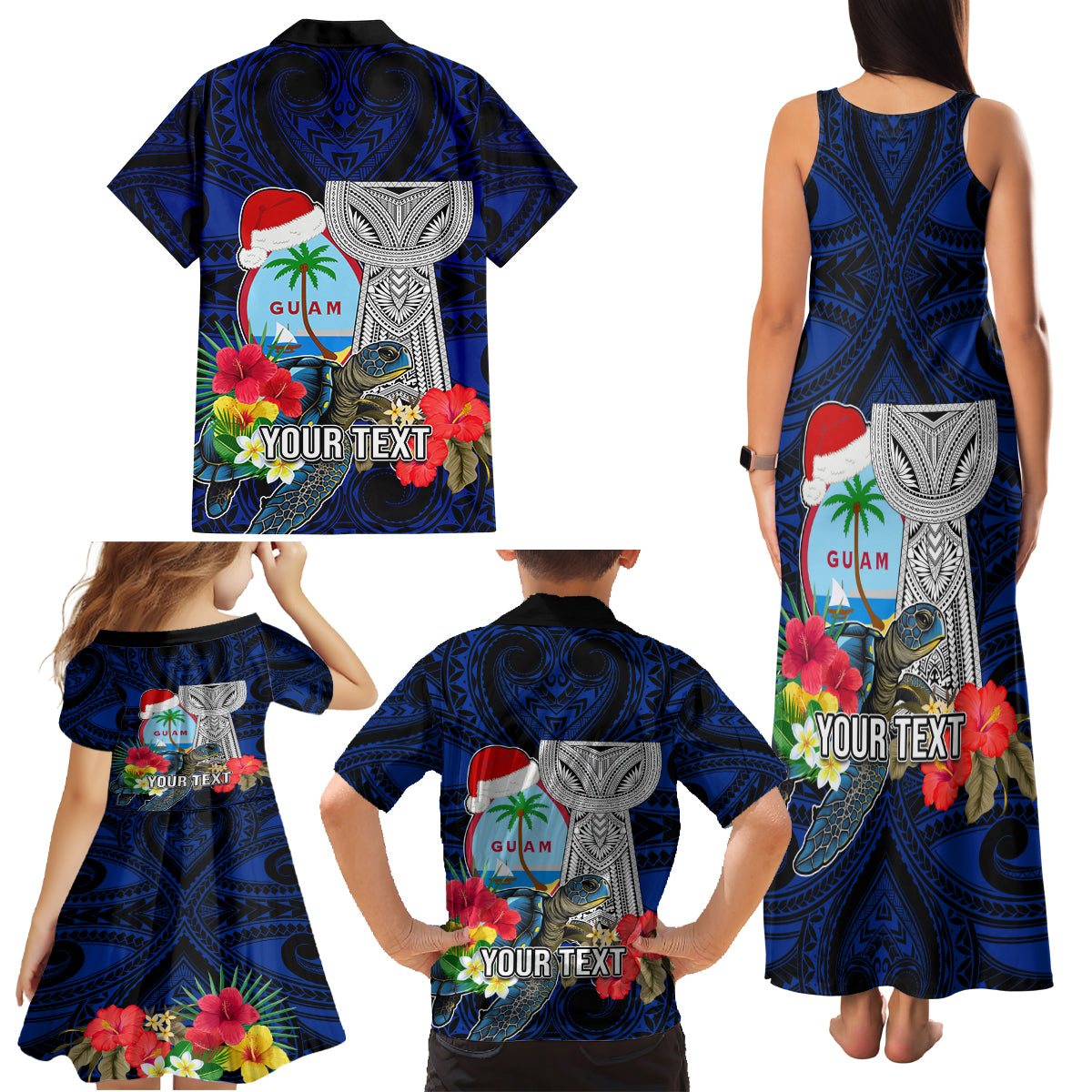 Custom Guam Christmas Family Matching Tank Maxi Dress and Hawaiian Shirt Santa Gift Latte Stone and Sea Turle Mix Hibiscus Chamorro Blue Style LT03 - Polynesian Pride